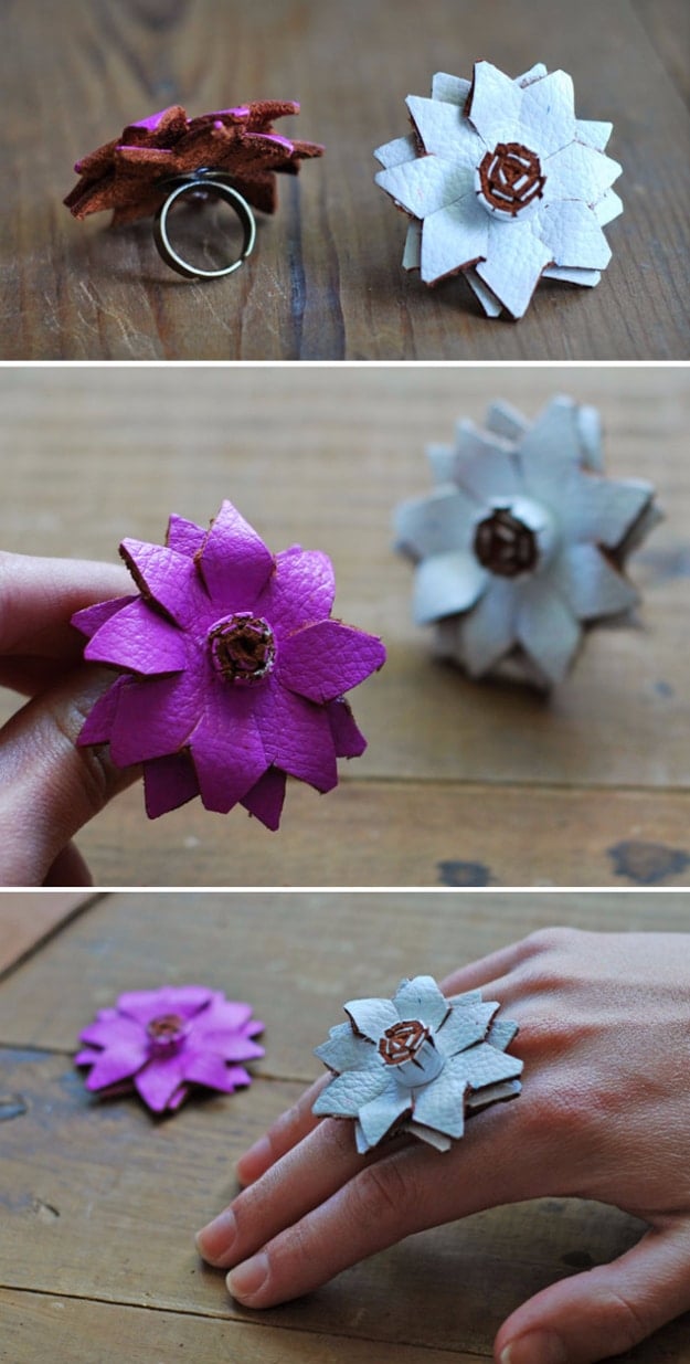 Creative Leather Crafts - Leather Flower Rings - Best DIY Projects Made With Leather - Easy Handmade Do It Yourself Gifts and Fashion - Cool Crafts and DYI Leather Projects With Step by Step Tutorials http://diyjoy.com/diy-leather-crafts