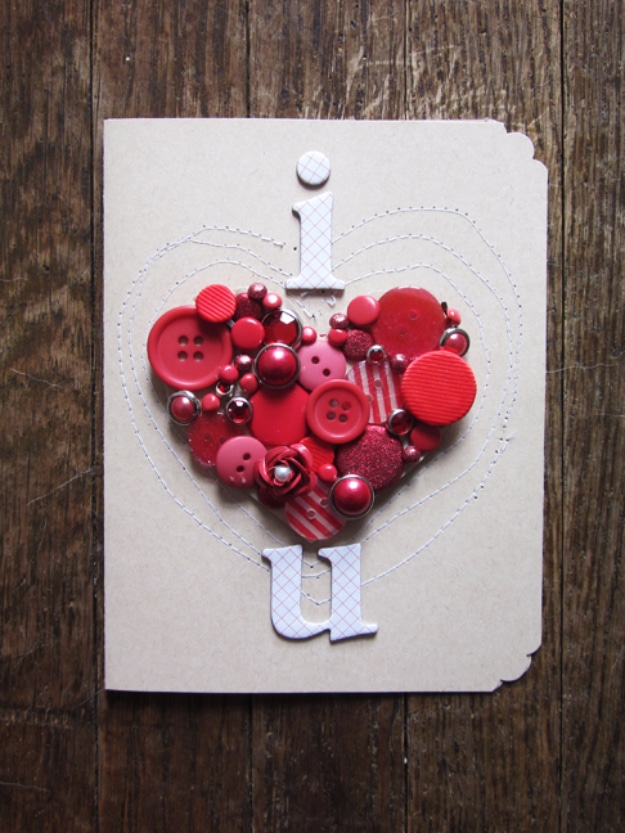 DIY Valentines Day Cards - Button Heart Valentine's Card - Easy Handmade Cards for Him and Her, Kids, Freinds and Teens - Funny, Romantic, Printable Ideas for Making A Unique Homemade Valentine Card - Step by Step Tutorials and Instructions for Making Cute Valentine's Day Gifts #valentines