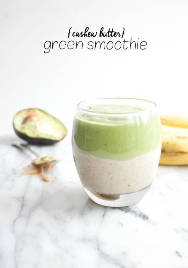 Healthy Smoothie Recipes - Cashew Butter Green Smoothie - Easy ideas perfect for breakfast, energy. Low calorie and high protein recipes for weightloss and to lose weight. Simple homemade recipe ideas that kids love. Quick EASY morning recipes before work and school, after workout #smoothies #healthy #smoothie #healthyrecipes #recipes