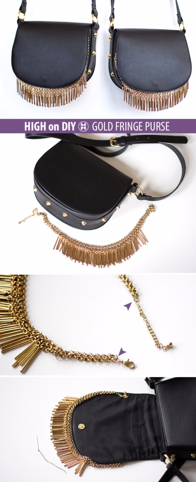 DIY Purses and Handbags - DIY Gold Fringe Purse DIY - Homemade Projects to Decorate and Make Purses - Add Paint, Glitter, Buttons and Bling To Your Hand Bags and Purse With These Easy Step by Step Tutorials - Boho, Modern, and Cool Fashion Ideas for Women and Teens #purses #diyclothes #handbags