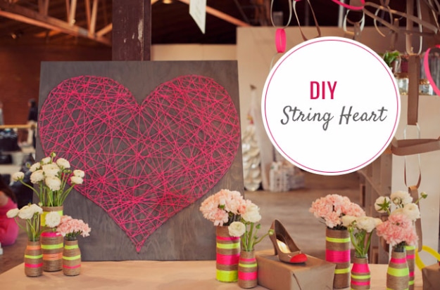 Best DIY Valentines Day Gifts - DIY String Heart - Cute Mason Jar Valentines Day Gifts and Crafts for Him and Her | Boyfriend, Girlfriend, Mom and Dad, Husband or Wife, Friends - Easy DIY Ideas for Valentines Day for Homemade Gift Giving and Room Decor | Creative Home Decor and Craft Projects for Teens, Teenagers, Kids and Adults 