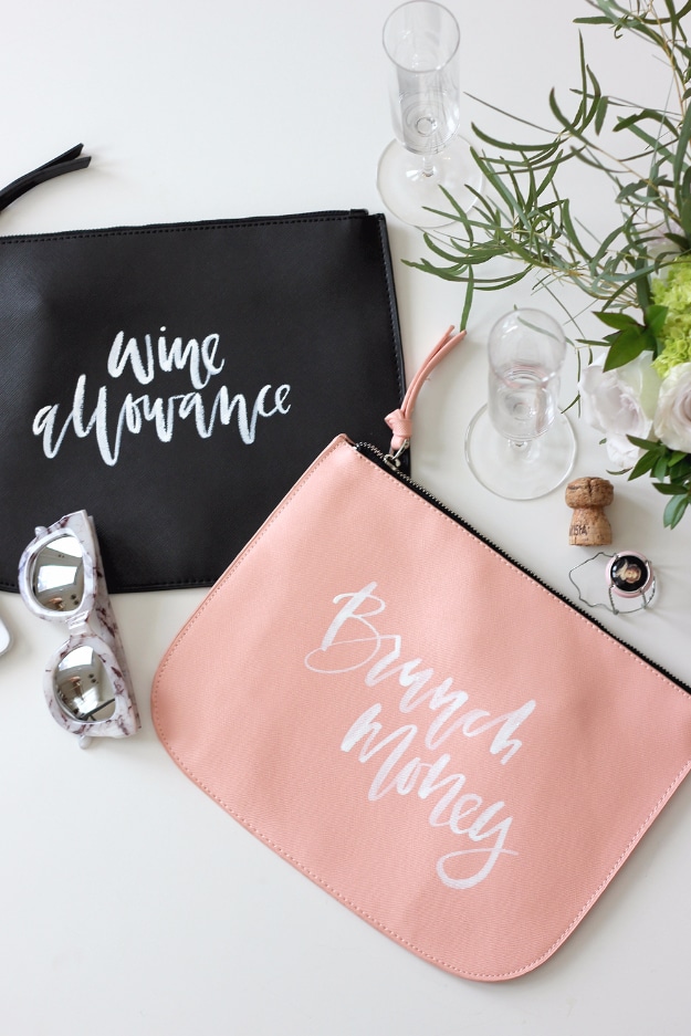 DIY Purses and Handbags - Hand Lettered Happy Hour And Brunch Clutches DIY - Homemade Projects to Decorate and Make Purses - Add Paint, Glitter, Buttons and Bling To Your Hand Bags and Purse With These Easy Step by Step Tutorials - Boho, Modern, and Cool Fashion Ideas for Women and Teens #purses #diyclothes #handbags