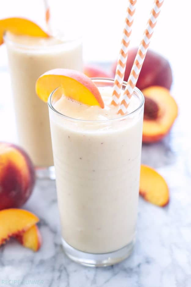 Healthy Smoothie Recipes - Peach Green Tea Smoothie - Easy ideas perfect for breakfast, energy. Low calorie and high protein recipes for weightloss and to lose weight. Simple homemade recipe ideas that kids love. Quick EASY morning recipes before work and school, after workout #smoothies #healthy #smoothie #healthyrecipes #recipes
