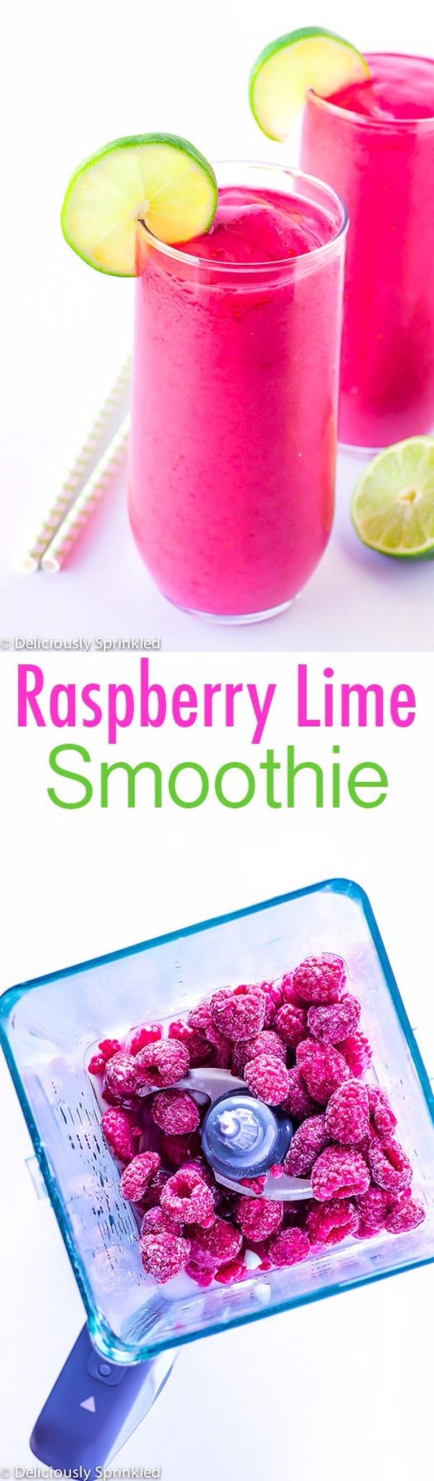 Healthy Smoothie Recipes - Raspberry Lime Smoothie - Easy ideas perfect for breakfast, energy. Low calorie and high protein recipes for weightloss and to lose weight. Simple homemade recipe ideas that kids love. Quick EASY morning recipes before work and school, after workout #smoothies #healthy #smoothie #healthyrecipes #recipes