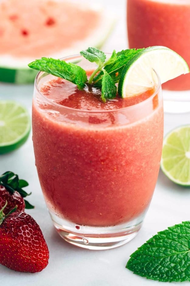 Healthy Smoothie Recipes - Strawberry Watermelon Lime Smoothie - Easy ideas perfect for breakfast, energy. Low calorie and high protein recipes for weightloss and to lose weight. Simple homemade recipe ideas that kids love. Quick EASY morning recipes before work and school, after workout #smoothies #healthy #smoothie #healthyrecipes #recipes