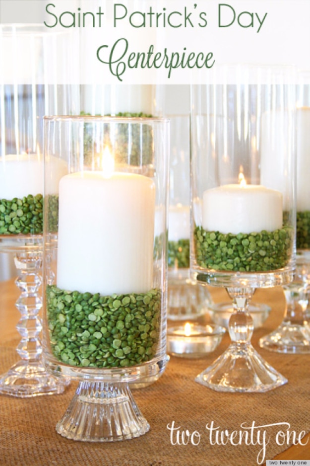 DIY St Patricks Day Ideas - Candle Centerpiece With Green Split Peas - Food and Best Recipes, Decorations and Home Decor, Party Ideas - Cupcakes, Drinks, Festive St Patrick Day Parties With these Easy, Quick and Cool Crafts and DIY Projects http://diyjoy.com/st-patricks-day-ideas