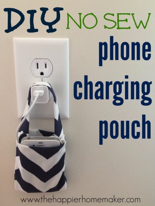 DIY Phone Hacks - Easy DIY No Sew Phone Charging Pouch - Cool Tips and Tricks for Phones, Headphones and iPhone How To - Make Speakers, Change Settings, Know Secrets You Can Do With Your Phone By Learning This Cool Stuff - DIY Projects and Crafts for Men and Women http://diyjoy.com/diy-iphone-hacks