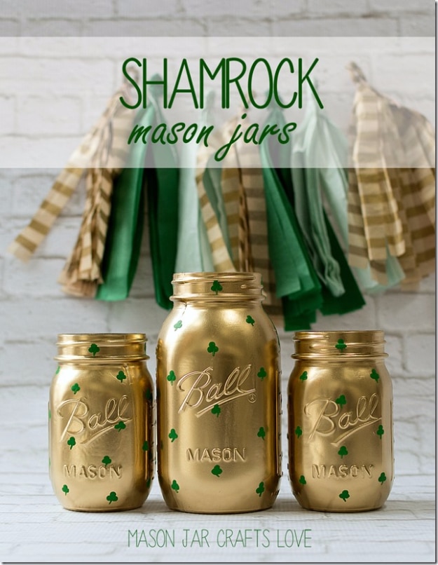 DIY St Patricks Day Ideas - Shamrock Mason Jars - Food and Best Recipes, Decorations and Home Decor, Party Ideas - Cupcakes, Drinks, Festive St Patrick Day Parties With these Easy, Quick and Cool Crafts and DIY Projects http://diyjoy.com/st-patricks-day-ideas
