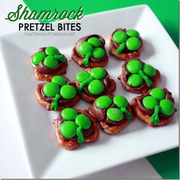 DIY St Patricks Day Ideas - Shamrock Pretzel Bites - Food and Best Recipes, Decorations and Home Decor, Party Ideas - Cupcakes, Drinks, Festive St Patrick Day Parties With these Easy, Quick and Cool Crafts and DIY Projects http://diyjoy.com/st-patricks-day-ideas