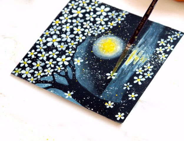 DIY Canvas Painting Ideas - Cherry Blossoms In Moonlight - Cool and Easy Wall Art Ideas You Can Make On A Budget #painting #diyart #diygifts