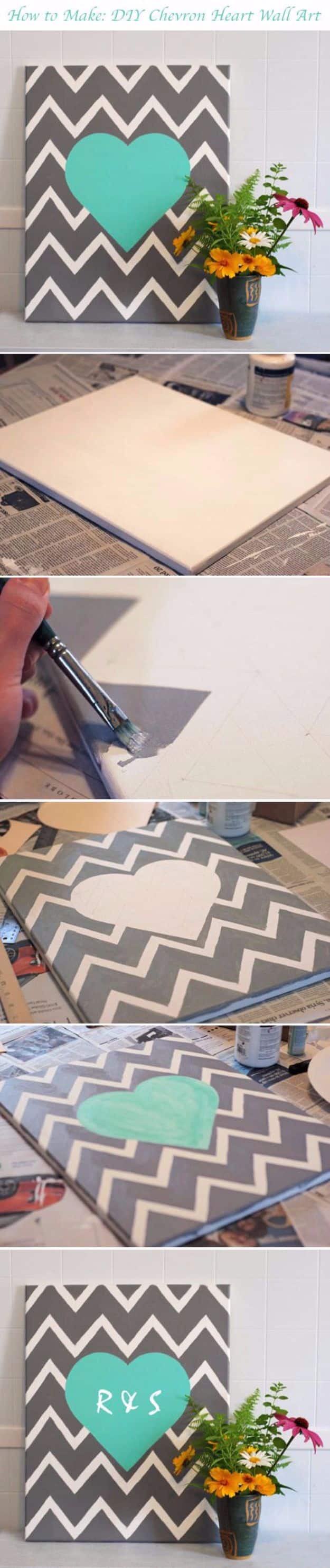 DIY Canvas Painting Ideas - DIY Chevron Heart - Cool and Easy Wall Art Ideas You Can Make On A Budget #painting #diyart #diygifts