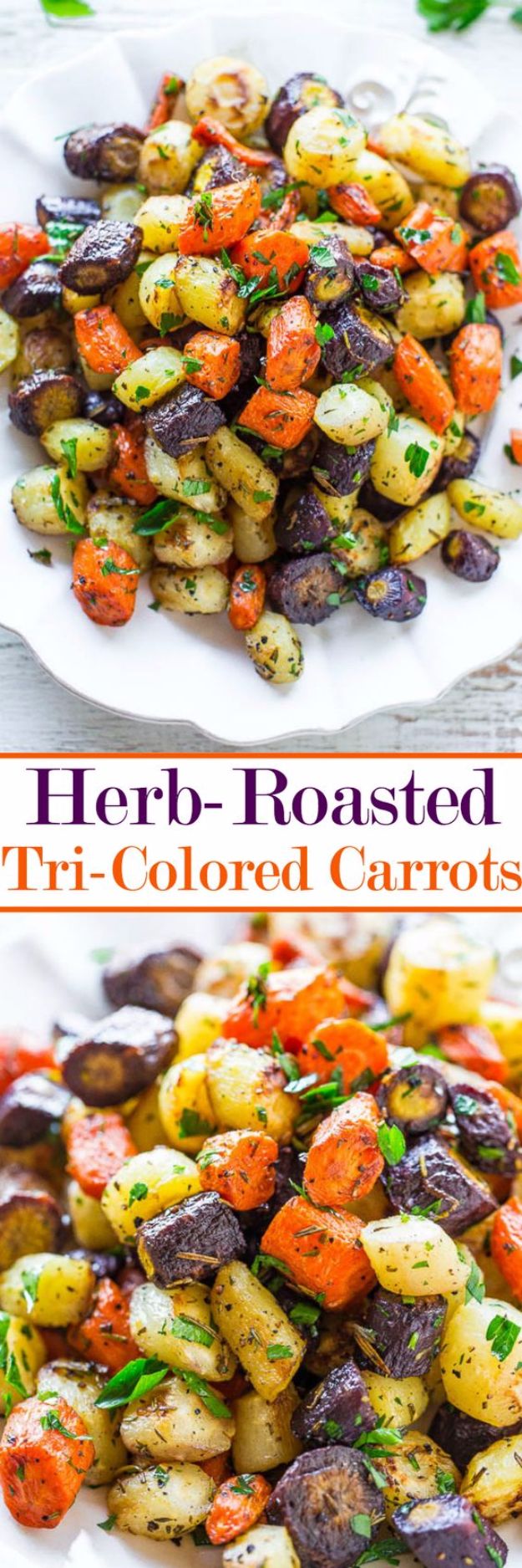 Best Easter Dinner Recipes - Herb Roasted Tri Colored Carrots - Easy Recipe Ideas for Easter Dinners and Holiday Meals for Families - Side Dishes, Slow Cooker Recipe Tutorials, Main Courses, Traditional Meat, Vegetable and Dessert Ideas - Desserts, Pies, Cakes, Ham and Beef, Lamb - DIY Projects and Crafts by DIY JOY 