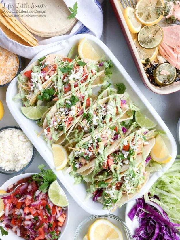 Best Easter Dinner Recipes - Salmon Tacos With Fresh Salsa And Avocado Sauce - Easy Recipe Ideas for Easter Dinners and Holiday Meals for Families - Side Dishes, Slow Cooker Recipe Tutorials, Main Courses, Traditional Meat, Vegetable and Dessert Ideas - Desserts, Pies, Cakes, Ham and Beef, Lamb - DIY Projects and Crafts by DIY JOY 