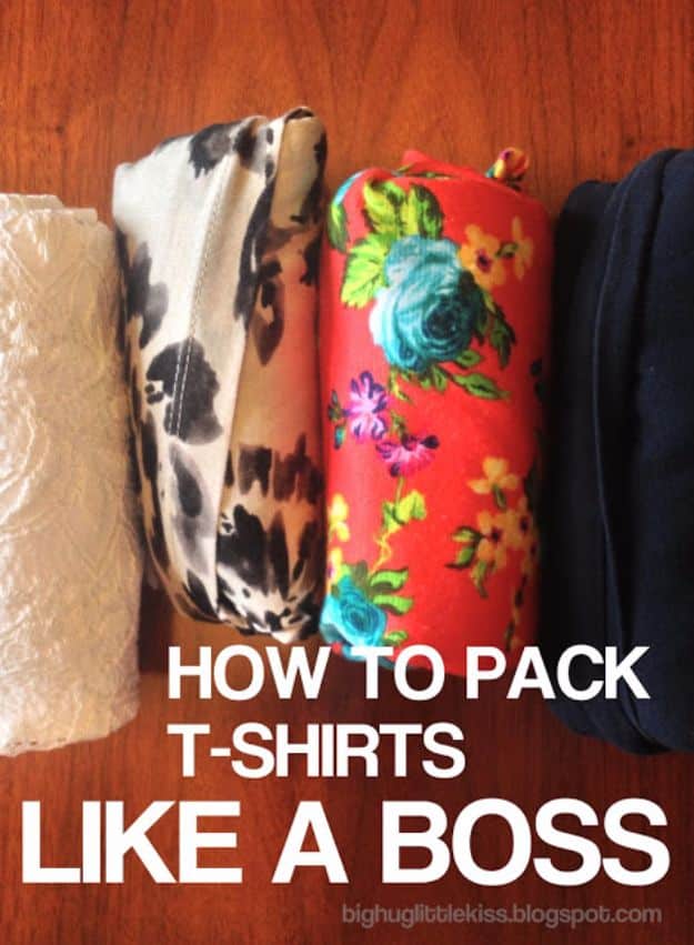 Packing Tips for Travel - How to Pack T-shirts - Easy Ideas for Packing a Suitcase To Maximize Space - Tricks and Hacks for Folding Clothes, Storing Toiletries, Shampoo and Makeup - Keep Clothing Wrinkle Free in Your Bag http://diyjoy.com/packing-tips-travel