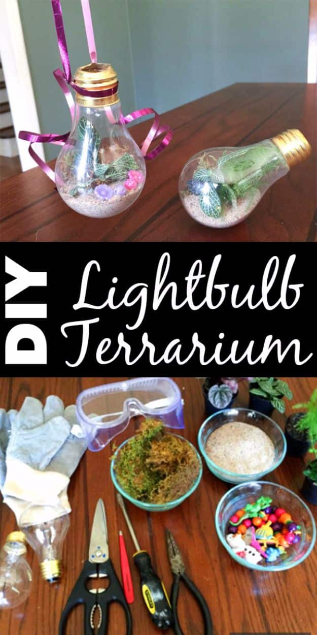 DIY Terrarium Ideas - Lightbulb Terrarium - Cool Terrariums and Crafts With Mason Jars, Succulents, Wood, Geometric Designs and Reptile, Acquarium - Easy DIY Terrariums for Adults and Kids To Make at Home 