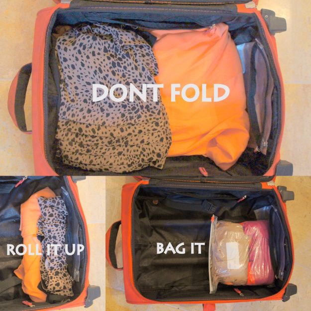 Packing Tips for Travel - Roll It Up - Easy Ideas for Packing a Suitcase To Maximize Space - Tricks and Hacks for Folding Clothes, Storing Toiletries, Shampoo and Makeup - Keep Clothing Wrinkle Free in Your Bag http://diyjoy.com/packing-tips-travel