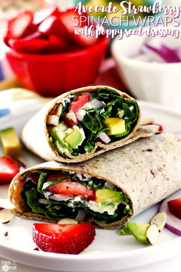 Best Recipe Ideas for Summer - Avocado Strawberry Spinach Wraps With Poppyseed Dressing - Cool Salads, Easy Side Dishes, Recipes for Summer Foods and Dinner to Beat the Heat - Light and Healthy Ideas for Hot Summer Nights, Pool Parties and Picnics http://diyjoy.com/best-recipes-summer