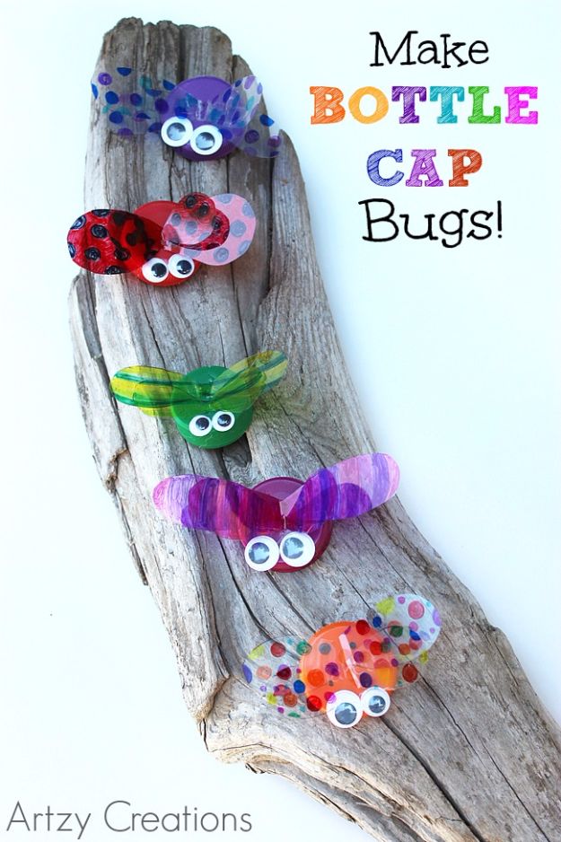 DIY Ideas for Kids To Make This Summer - Bottle Cap Bugs - Fun Crafts and Cool Projects for Boys and Girls To Make at Home - Easy and Cheap Do It Yourself Project Ideas With Paint, Glue, Paper, Glitter, Chalk and Things You Can Find Around The House - Creative Arts and Crafts Ideas for Children #summer #kidscrafts 