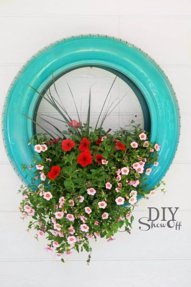DIY Ideas With Old Tires - DIY Hanging Tire Planter - Rustic Farmhouse Decor Tutorials and Projects Made With An Old Tire - Easy Vintage Shelving, Wall Art, Swing, Ottoman, Seating, Furniture, Gardeing Ideas and Home Decor for Kitchen, Living Room, Bathroom and Backyard - Creative Country Crafts, Rustic Wall Art and Accessories to Make and Sell
