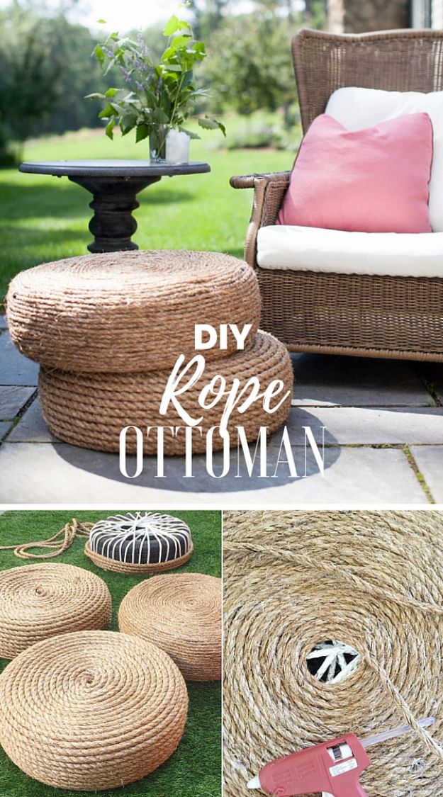 DIY Ideas With Old Tires - DIY Rope Ottomans - Rustic Farmhouse Decor Tutorials and Projects Made With An Old Tire - Easy Vintage Shelving, Wall Art, Swing, Ottoman, Seating, Furniture, Gardeing Ideas and Home Decor for Kitchen, Living Room, Bathroom and Backyard - Creative Country Crafts, Rustic Wall Art and Accessories to Make and Sell 