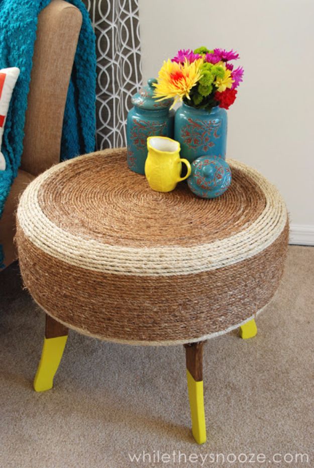 DIY Ideas With Old Tires - DIY Tire Table - Rustic Farmhouse Decor Tutorials and Projects Made With An Old Tire - Easy Vintage Shelving, Wall Art, Swing, Ottoman, Seating, Furniture, Gardeing Ideas and Home Decor for Kitchen, Living Room, Bathroom and Backyard - Creative Country Crafts, Rustic Wall Art and Accessories to Make and Sell 