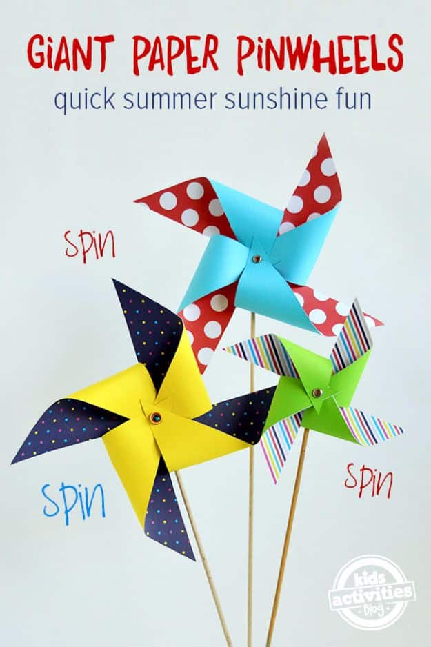 DIY Ideas for Kids To Make This Summer - Giant Paper Pinwheels - Fun Crafts and Cool Projects for Boys and Girls To Make at Home - Easy and Cheap Do It Yourself Project Ideas With Paint, Glue, Paper, Glitter, Chalk and Things You Can Find Around The House - Creative Arts and Crafts Ideas for Children #summer #kidscrafts 
