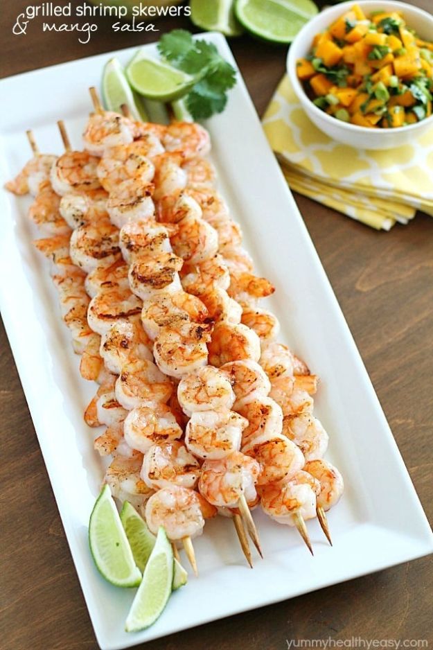 Best Recipe Ideas for Summer - Grilled Shrimp Skewers With Mango Salsa - Cool Salads, Easy Side Dishes, Recipes for Summer Foods and Dinner to Beat the Heat - Light and Healthy Ideas for Hot Summer Nights, Pool Parties and Picnics http://diyjoy.com/best-recipes-summer