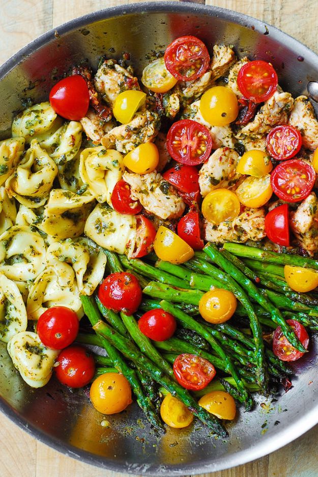 Best Recipe Ideas for Summer - One-Pan Pesto Chicken, Tortellini, and Veggies - Cool Salads, Easy Side Dishes, Recipes for Summer Foods and Dinner to Beat the Heat - Light and Healthy Ideas for Hot Summer Nights, Pool Parties and Picnics http://diyjoy.com/best-recipes-summer