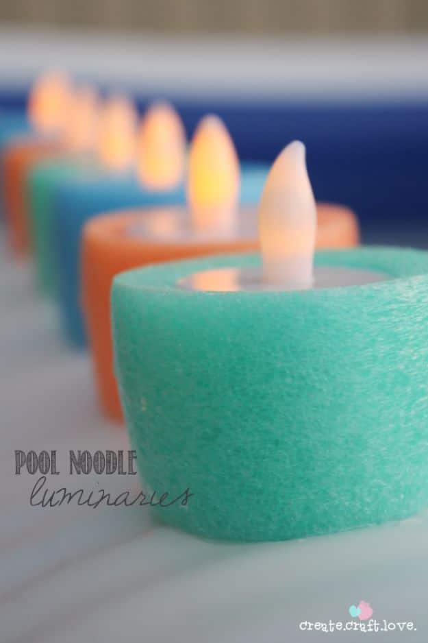 DIY Hacks for Summer - Pool Noodle Luminaries - Easy Projects to Try This Summer To Get Organized, Spend Time Outdoors, Play With The Kids, Stay Cool In The Heat - Tips and Tricks to Make Summertime Awesome - Crafts and Home Decor by DIY JOY 