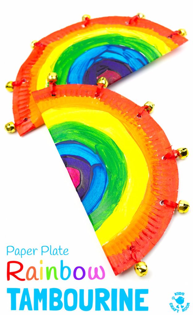DIY Ideas for Kids To Make This Summer - Rainbow Paper Plate Tambourine - Fun Crafts and Cool Projects for Boys and Girls To Make at Home - Easy and Cheap Do It Yourself Project Ideas With Paint, Glue, Paper, Glitter, Chalk and Things You Can Find Around The House - Creative Arts and Crafts Ideas for Children #summer #kidscrafts 
