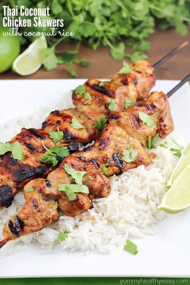 Best Recipe Ideas for Summer - Thai Coconut Chicken Skewers With Rice - Cool Salads, Easy Side Dishes, Recipes for Summer Foods and Dinner to Beat the Heat - Light and Healthy Ideas for Hot Summer Nights, Pool Parties and Picnics http://diyjoy.com/best-recipes-summer