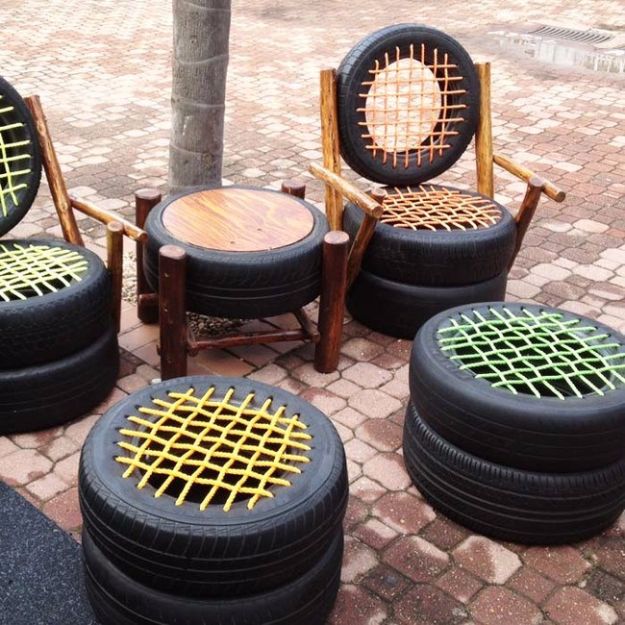 DIY Ideas With Old Tires - Woven Rope Tire Seating - Rustic Farmhouse Decor Tutorials and Projects Made With An Old Tire - Easy Vintage Shelving, Wall Art, Swing, Ottoman, Seating, Furniture, Gardeing Ideas and Home Decor for Kitchen, Living Room, Bathroom and Backyard - Creative Country Crafts, Rustic Wall Art and Accessories to Make and Sell 