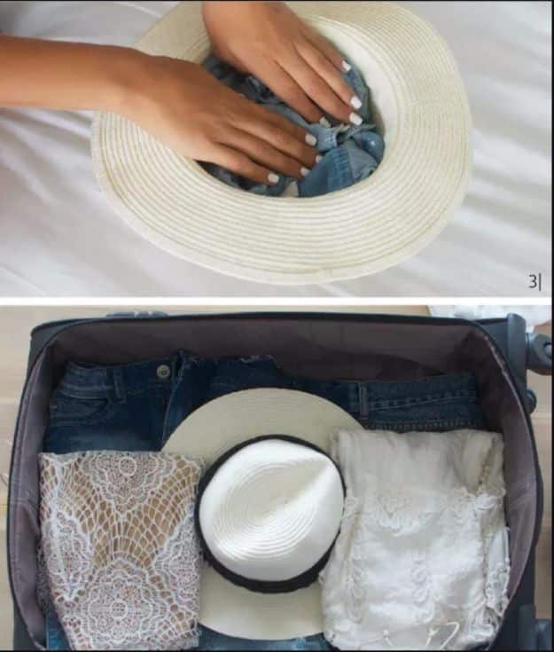 Packing Tips for Travel - Properly Pack A Hat - Easy Ideas for Packing a Suitcase To Maximize Space - Tricks and Hacks for Folding Clothes, Storing Toiletries, Shampoo and Makeup - Keep Clothing Wrinkle Free in Your Bag http://diyjoy.com/packing-tips-travel