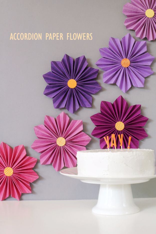 DIY Paper Flowers - Accordion Paper Flowers - How To Make A Paper Flower - Large Wedding Backdrop for Wall Decor - Easy Tissue Paper Flower Tutorial for Kids - Giant Projects for Photo Backdrops - Daisy, Roses, Bouquets, Centerpieces - Cricut Template and Step by Step Tutorial 