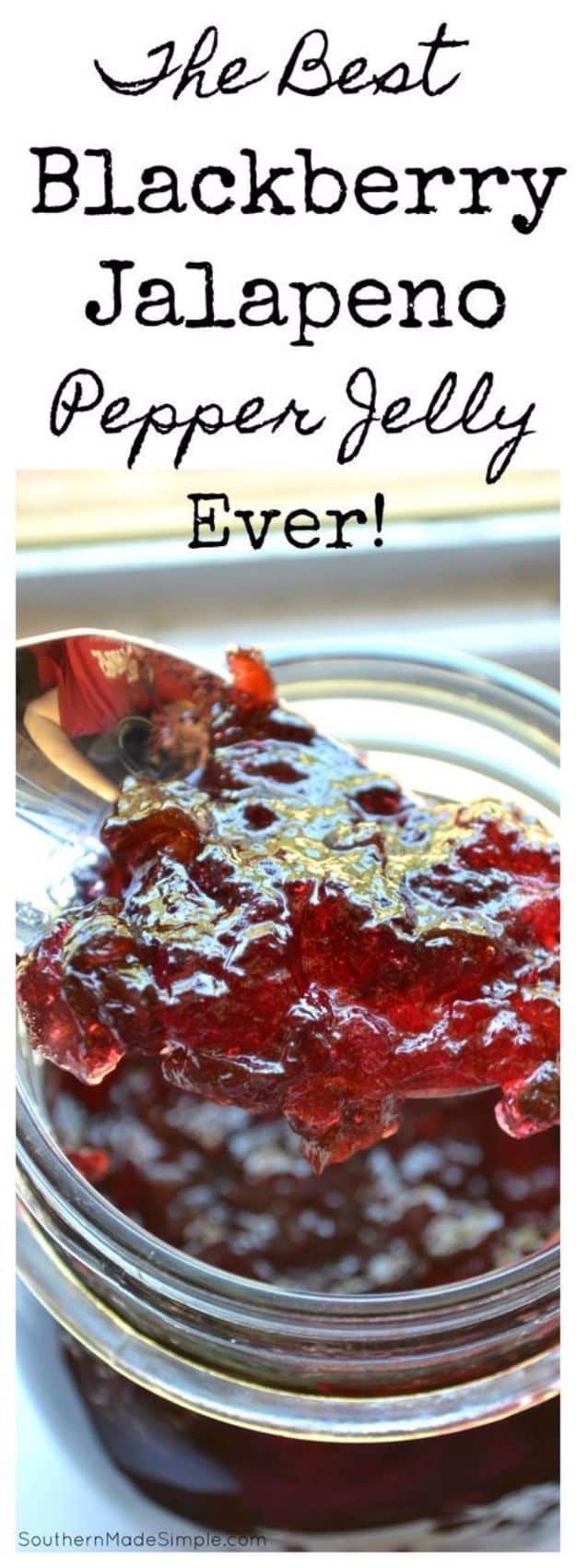 Best Jam and Jelly Recipes - Blackberry Jalapeño Pepper Jelly - Homemade Recipe Ideas For Canning - Easy and Unique Jams and Jellies Made With Strawberry, Raspberry, Blackberry, Peach and Fruit - Healthy, Sugar Free, No Pectin, Small Batch, Savory and Freezer Recipes #recipes #jelly
