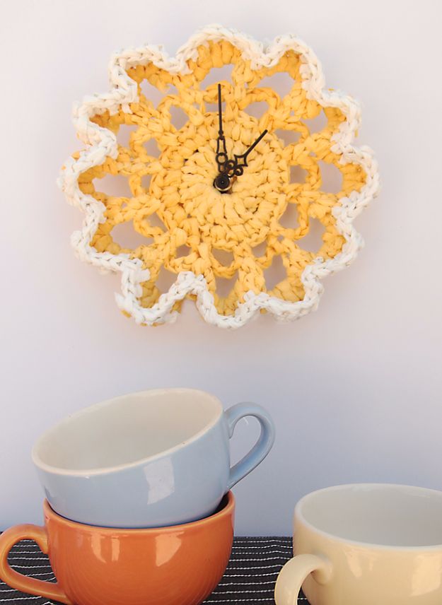 DIY Ideas With Plastic Bags - Crocheted Plastic Bag Doily Clock - How To Make Fun Upcycling Ideas and Crafts - Awesome Storage Projects Using Recycling - Coolest Craft Projects, Life Hacks and Ways To Upcycle a Plastic Bag #recycling #upcycling #crafts #diyideas