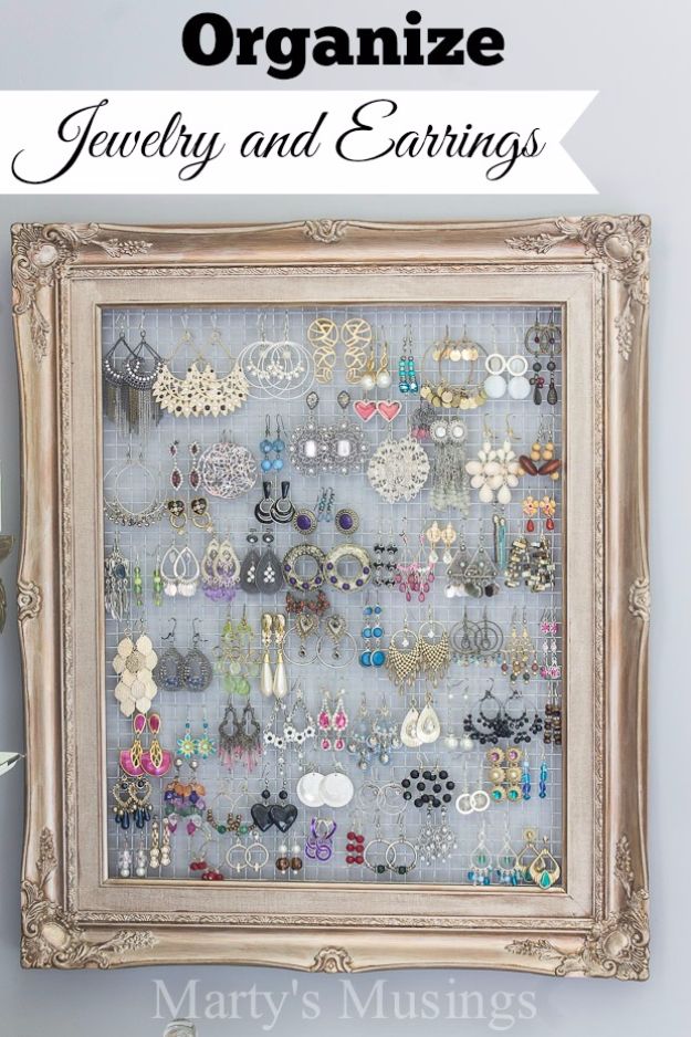 DIY Ideas With Old Picture Frames - DIY Framed Jewelry And Earrings Organizer - Cool Crafts To Make With A Repurposed Picture Frame - Cheap Do It Yourself Gifts and Home Decor on A Budget - Fun Ideas for Decorating Your House and Room 