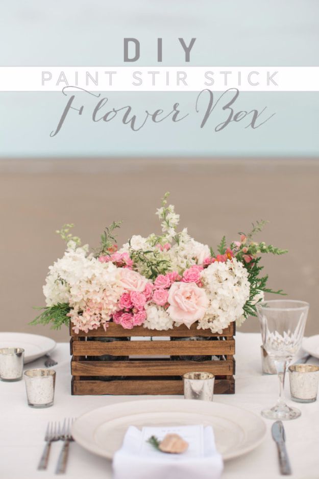 DIY Wedding Decor - DIY Paint Stir Stick Flower Box - Easy and Cheap Project Ideas with Things Found in Dollar Stores - Simple and Creative Backdrops for Receptions On A Budget - Rustic, Elegant, and Vintage Paper Ideas for Centerpieces, and Vases 