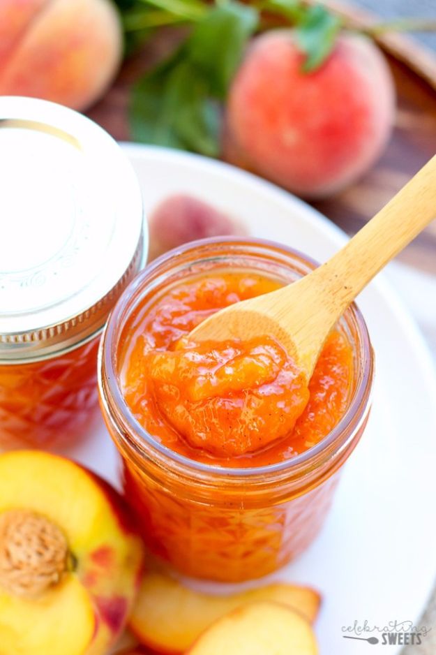 Best Jam and Jelly Recipes - Easy Peach Vanilla Jam - Homemade Recipe Ideas For Canning - Easy and Unique Jams and Jellies Made With Strawberry, Raspberry, Blackberry, Peach and Fruit - Healthy, Sugar Free, No Pectin, Small Batch, Savory and Freezer Recipes #recipes #jelly