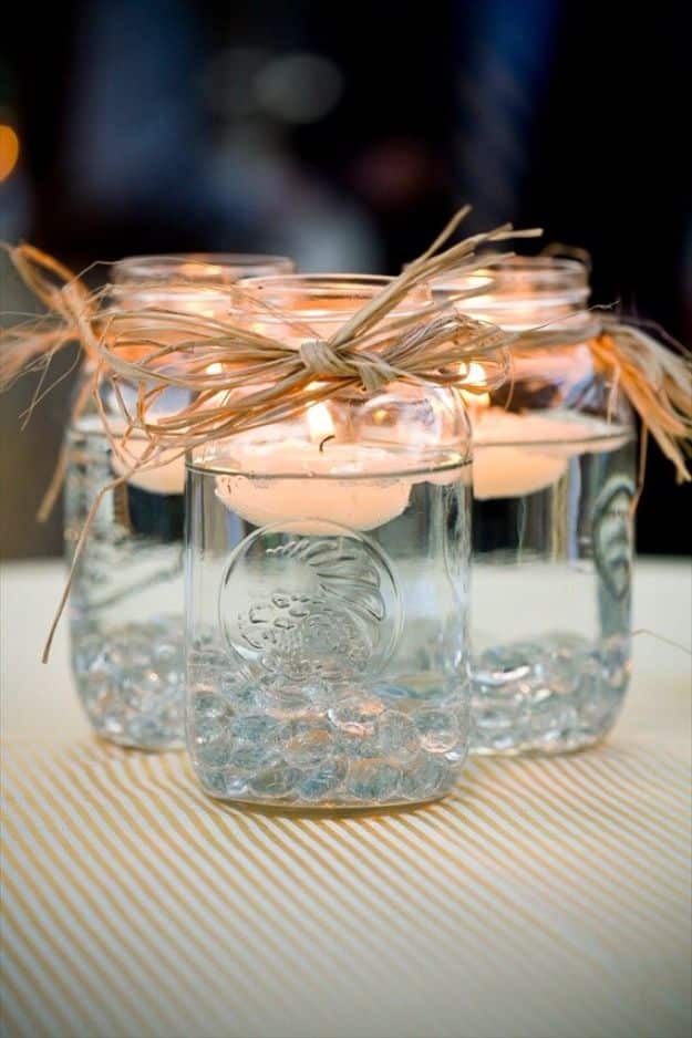 DIY Wedding Decor - Mason Jar Centerpiece + Floating Candles - Easy and Cheap Project Ideas with Things Found in Dollar Stores - Simple and Creative Backdrops for Receptions On A Budget - Rustic, Elegant, and Vintage Paper Ideas for Centerpieces, and Vases 