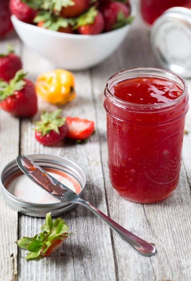Best Jam and Jelly Recipes - Strawberry Habanero Jam - Homemade Recipe Ideas For Canning - Easy and Unique Jams and Jellies Made With Strawberry, Raspberry, Blackberry, Peach and Fruit - Healthy, Sugar Free, No Pectin, Small Batch, Savory and Freezer Recipes #recipes #jelly