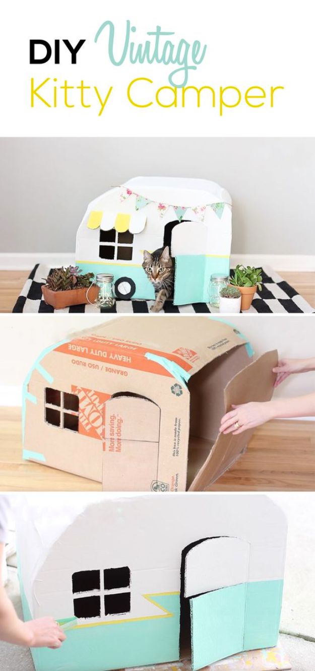 DIY Ideas With Cardboard - Vintage Kitty Camper Out Of Cardboard Boxes - How To Make Room Decor Crafts for Kids - Easy and Crafty Storage Ideas For Room - Toilet Paper Roll Projects Tutorials - Fun Furniture Ideas with Cardboard - Cheap, Quick and Easy Wall Decorations #diyideas #cardboardcrafts #crafts
