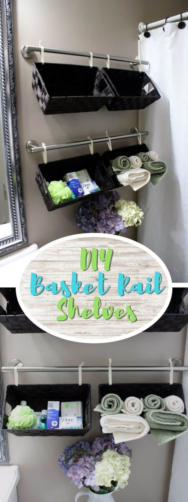 DIY Bathroom Storage Ideas - Basket Rail Shelves - Best Solutions for Under Sink Organization, Countertop Jars and Boxes, Counter Caddy With Mason Jars, Over Toilet Ideas and Shelves, Easy Tips and Tricks for Small Spaces To Organize Bath Products #storageideas #diybathroom #bathroomdecor