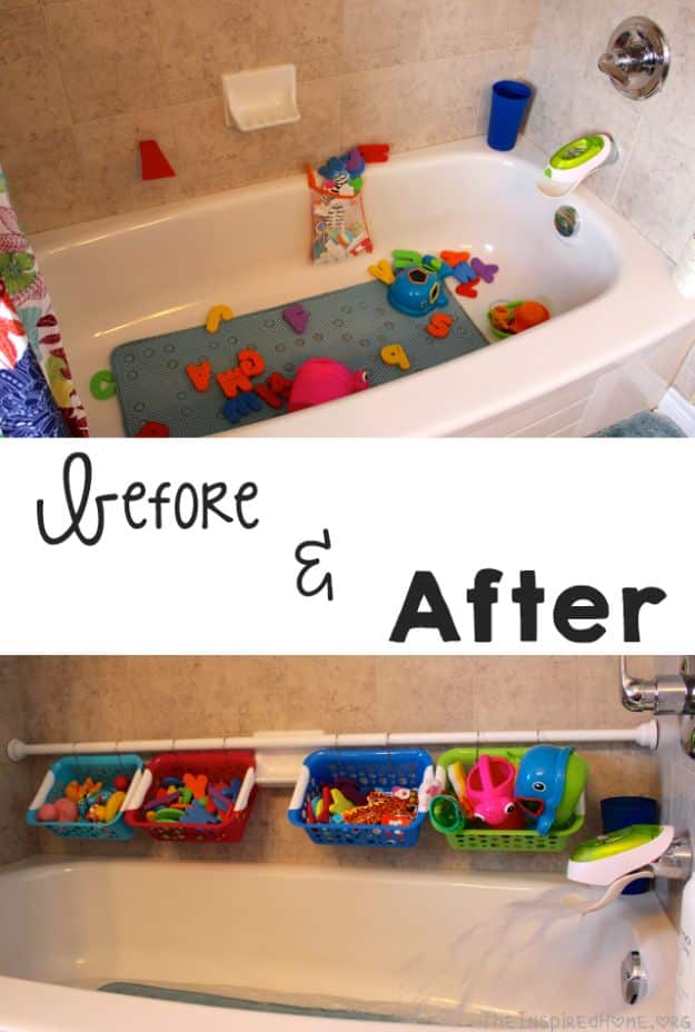 DIY Bathroom Storage Ideas - Bath Toy Organization - Best Solutions for Under Sink Organization, Countertop Jars and Boxes, Counter Caddy With Mason Jars, Over Toilet Ideas and Shelves, Easy Tips and Tricks for Small Spaces To Organize Bath Products #storageideas #diybathroom #bathroomdecor