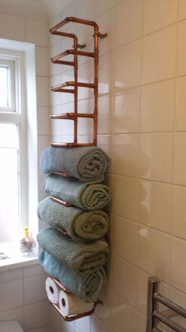 DIY Bathroom Storage Ideas - Copper Pipe Towel Rail - Best Solutions for Under Sink Organization, Countertop Jars and Boxes, Counter Caddy With Mason Jars, Over Toilet Ideas and Shelves, Easy Tips and Tricks for Small Spaces To Organize Bath Products #storageideas #diybathroom #bathroomdecor