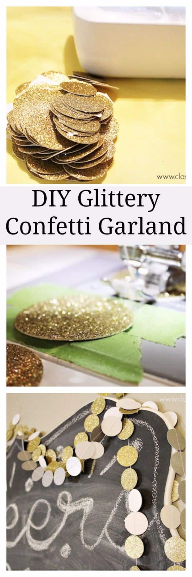 New Years Eve Decor Ideas - DIY Glittery Confetti Garland - DIY New Year's Eve Decorations - Cheap Ideas for Banners, Balloons, Party Tables, Centerpieces and Festive Streamers and Lights - Cool Placecards, Photo Backdrops, Party Hats, Party Horns and Champagne Glasses - Cute Invitations, Games and Free Printables #diy #newyearseve #parties