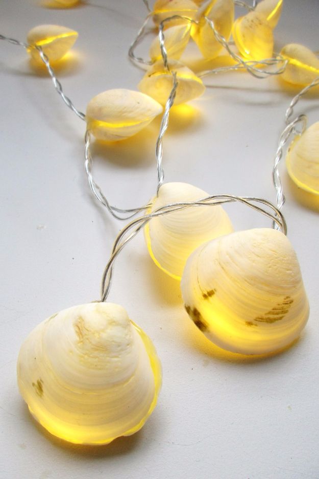 DIY Ideas With Sea Shells - DIY Seashell String Lights - Best Cute Sea Shell Crafts for Adults and Kids - Easy Beach House Decor Ideas With Sand and Large Shell Art - Wall Decor and Home, Bedroom and Bath - Cheap DIY Projects Make Awesome Homemade Gifts http://diyjoy.com/diy-ideas-sea-shells