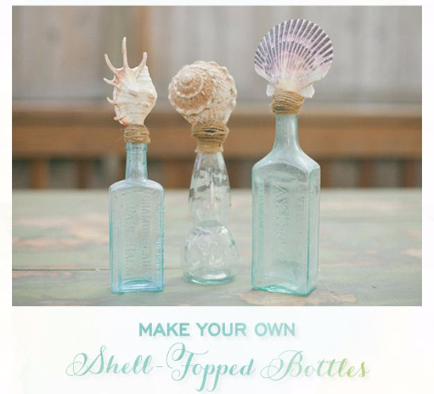 DIY Ideas With Sea Shells - DIY Shell Topped Bottles - Best Cute Sea Shell Crafts for Adults and Kids - Easy Beach House Decor Ideas With Sand and Large Shell Art - Wall Decor and Home, Bedroom and Bath - Cheap DIY Projects Make Awesome Homemade Gifts http://diyjoy.com/diy-ideas-sea-shells
