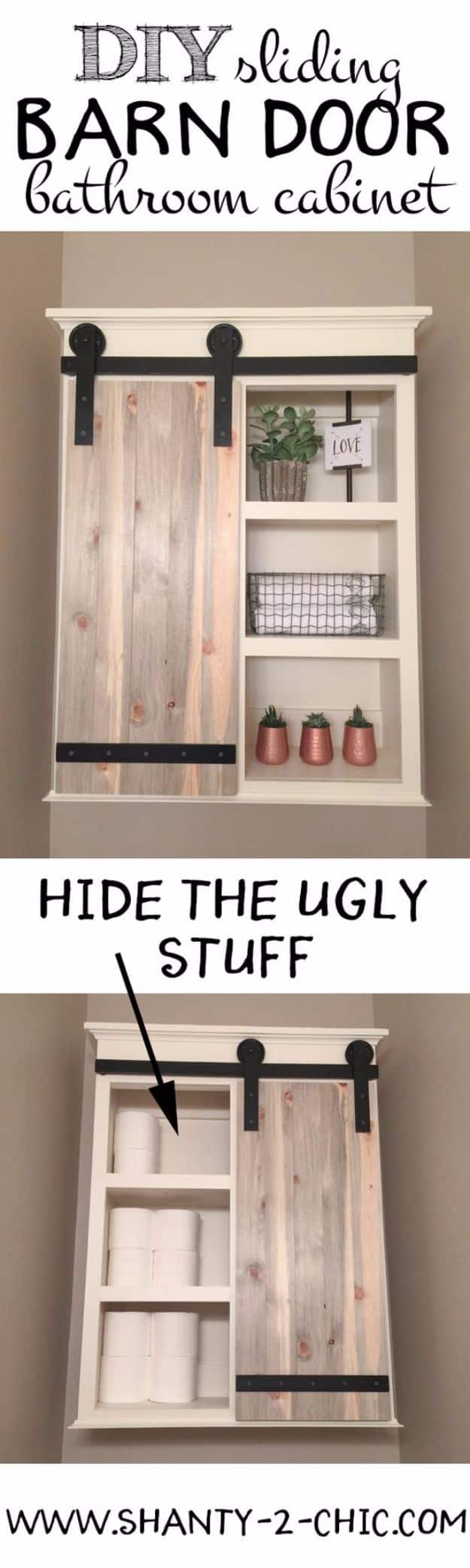 DIY Bathroom Storage Ideas - DIY Sliding Barn Door Bathroom Cabinet - Best Solutions for Under Sink Organization, Countertop Jars and Boxes, Counter Caddy With Mason Jars, Over Toilet Ideas and Shelves, Easy Tips and Tricks for Small Spaces To Organize Bath Products #storageideas #diybathroom #bathroomdecor
