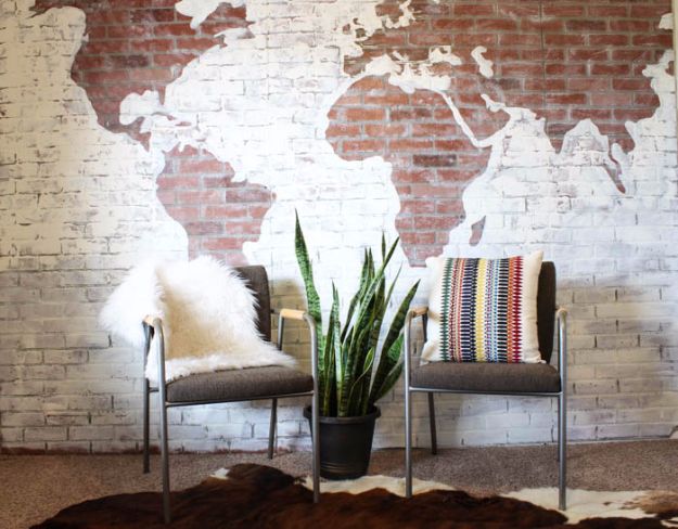 Best DIY Home Decor Crafts - Faux Brick Wall World Map - Easy Craft Ideas To Make From Dollar Store Items - Cheap Wall Art, Easy Do It Yourself Gifts, Modern Wall Art On A Budget, Tabletop and Centerpiece Tutorials - Cool But Affordable Room and Home Decor With Step by Step Tutorials #diyhomedecor